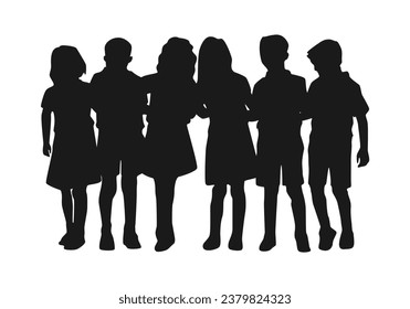 Illustration von kleinen Jungen und Mädchen, die sich umarmen. Konzept der Freundschaft, Schule, Kindertag im Silhouettenstil. Vektorgrafik.