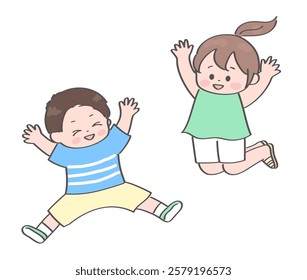 Illustration of little boys and girls in summer clothes jumping