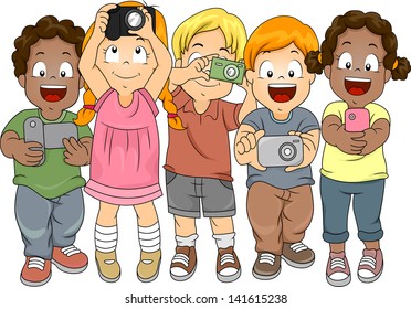 Illustration of Little Boys and Girls taking Pictures with their Cameras