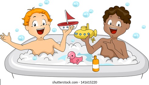 Illustration of Little Boys having a Bubble Bath