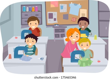 Illustration of Little Boys Learning How to Use Sewing Machines