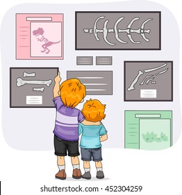 Illustration of Little Boys Looking at Dinosaur Skeletons in the Museum