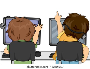 Illustration of Little Boys Playing a Computer Game