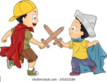 Illustration of Little Boys Playing Knight having a Swordsfight using Wooden Swords