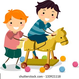 Illustration of Little Boys playing with a Wooden Toy Horse