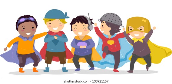 Illustration of Little Boys in their Superhero Costumes