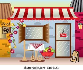 Стоковое векторное изображение: Illustration of a little cafe with a table outside