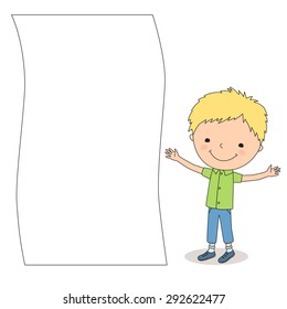 Illustration of a little cartoon boy standing near big empty sheet of paper on the white background.