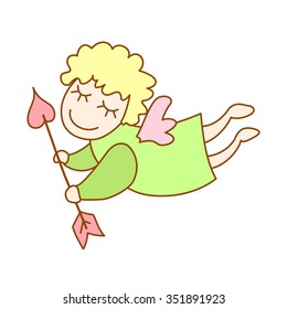 Illustration of little cartoon flying angel with arrow of Cupid