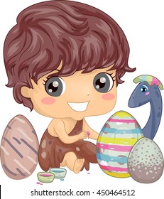Illustration of a Little Caveman Painting Easter Eggs