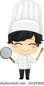 Illustration of Little Chef Boy holding a Saucepan and a Kitchen Spoon