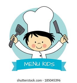 Illustration of Little Chef Boy holding a Saucepan and a Kitchen Spoon