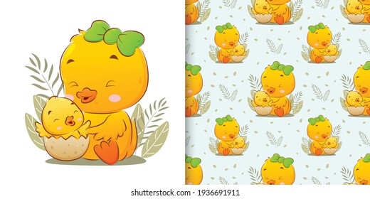 The illustration of little chicken crack from the eggs with the big hen beside her