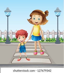 Illustration of a little child and a girl crossing the pedestrian