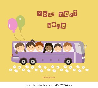 Illustration Of Little Children Ride The Bus. Summer Vacation Or Celebration Party Card For Kids With Place For Your Text. Vector Illustration Flat Design