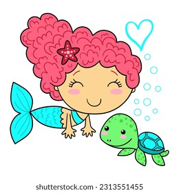 Illustration of a little coral-haired mermaid with her turtle friend, design for t-shirts