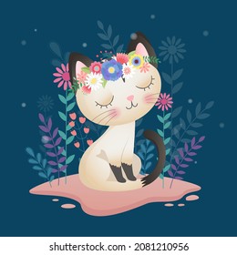Illustration of little cute cat with leaves and flowers Spring and summer night on blue Background