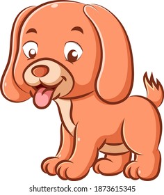 The illustration of little cute dog with the orange color is playing and pull his tongue out because of tired