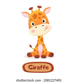 Illustration of little cute giraffe with signature text on white Background