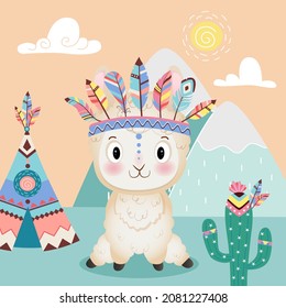 Illustration of little cute lama with cactus wigwam feathers and mountains on yellow Background