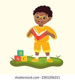 Illustration Little dark-skinned preschool boy holding a red textbook standing on the lawn