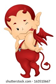 Illustration of a Little Devil Playing Coy While Sticking His Tongue Out