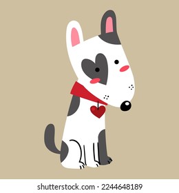 Illustration of a little dog in love, sitting on the ground and wearing a necklace with a heart, Valentine's drawing
