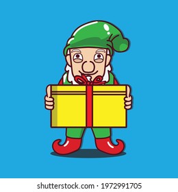 Illustration of little dwarf mascot cartoon character like Santa Claus in gift pose