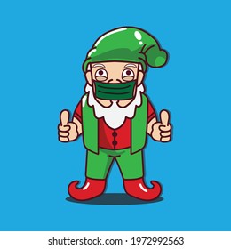 Illustration of little dwarf mascot cartoon character like Santa Claus in thumb pose and using mask