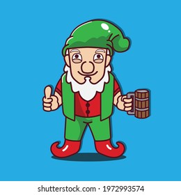Illustration of little dwarf mascot cartoon character like Santa Claus in thumb pose and holding a glass beer
