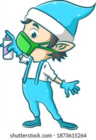 The illustration of the little elf is using the green mask and holding the disinfectant spray to protect his body