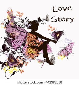 Illustration with a little fairy girl in flower dress and butterflies around her