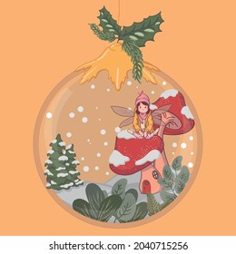 Illustration of a little fairy waiting for christmas on top of her mushroom house. Can be used for illustration of story books, greeting cards and also other Christmas merchandise.