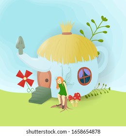illustration, a little fairy with wings that lives in a teapot, in nature among grass and flowers, print design, vector EPS10