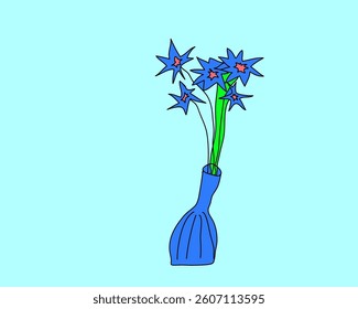 a illustration of  little flowers with little red pollens in a tall  blue vase