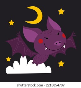 Illustration of a little flying vampire in the Halloween night