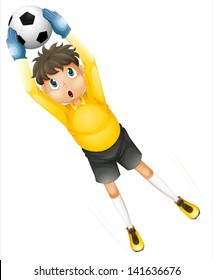 Illustration of a little football player catching the ball on a white background