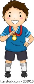Illustration of a Little Football Player Showing His Medal