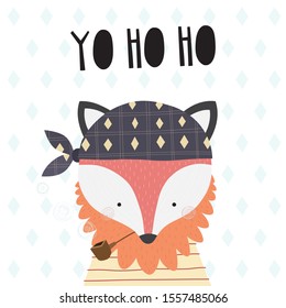 Illustration with a little fox and inscription YO HO HO. Vector illustration in a Scandinavian style.