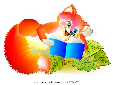 Illustration of little fox reading a book, vector cartoon image.