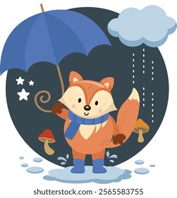 Illustration of little fox with umbrella rain
