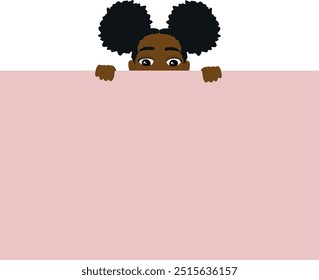 Illustration little girl afro pig tails hiding behind pink wall vector