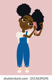 Ilustração menina afro rabo de porco penteado penteado vetor macacão