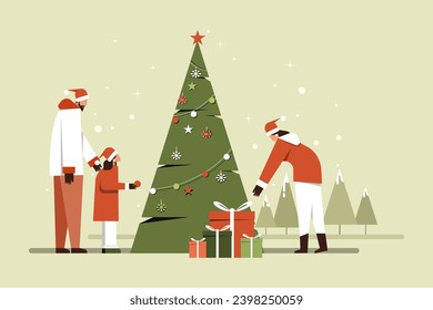 Illustration of a little girl along with her parents decorating a Christmas tree