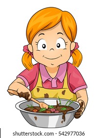 Illustration of a Little Girl Baking a Mud Pie Mixed with Flowers and Grasses