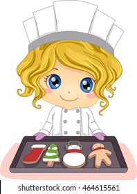 Illustration of a Little Girl Baking Pastries Shaped Like Christmas Symbols