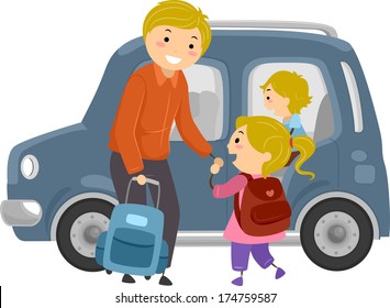 Illustration of a Little Girl Being Escorted to the Family Car by Her Dad