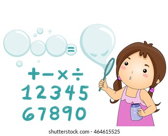 Illustration of a Little Girl Blowing Bubbles Over Math Symbols