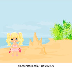 Illustration little girl building a sand castle at the beach