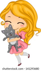 Illustration of a Little Girl Carrying her Pet Cat